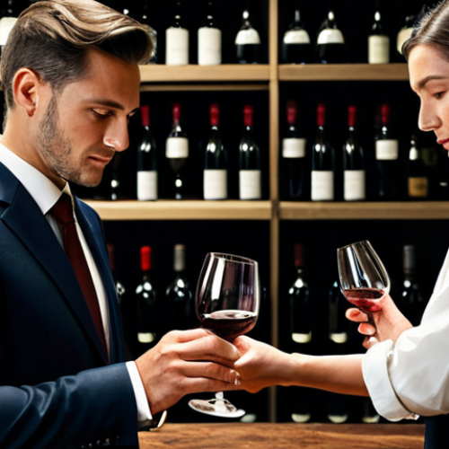 A professional sommelier in a modest, dark professional suit and white shirt, with a tasting cup, carefully pouring a glass of structured red wine into a crystal wine glass. The scene is set in a sophisticated, dimly lit wine cellar with rows of aged wine bottles visible in the background. The sommelier's expression is focused and contemplative, highlighting the rich color of the wine. Professional photography, cinematic lighting, natural body proportions, well-formed hands, correct proportions, perfect anatomy, high quality, highly detailed, fully clothed, appropriate attire, modest clothing, safe for work, appropriate content, professional, family-friendly.