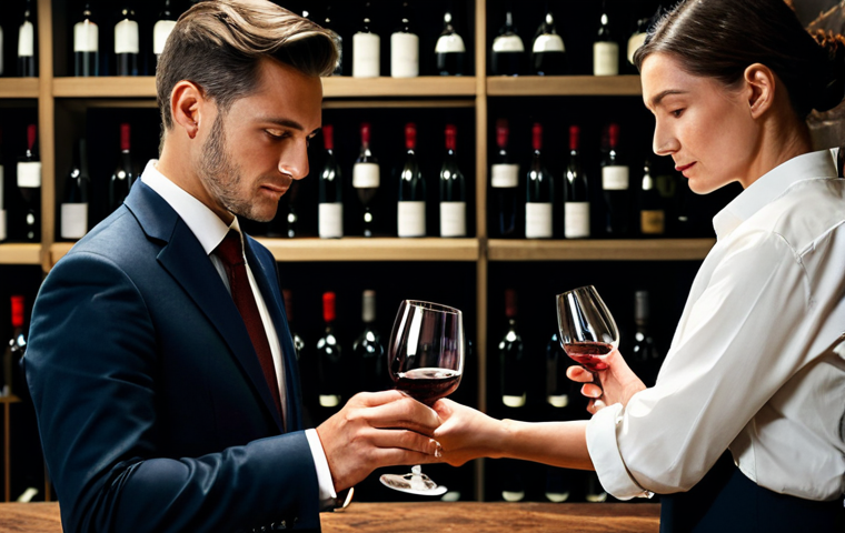 A professional sommelier in a modest, dark professional suit and white shirt, with a tasting cup, carefully pouring a glass of structured red wine into a crystal wine glass. The scene is set in a sophisticated, dimly lit wine cellar with rows of aged wine bottles visible in the background. The sommelier's expression is focused and contemplative, highlighting the rich color of the wine. Professional photography, cinematic lighting, natural body proportions, well-formed hands, correct proportions, perfect anatomy, high quality, highly detailed, fully clothed, appropriate attire, modest clothing, safe for work, appropriate content, professional, family-friendly.