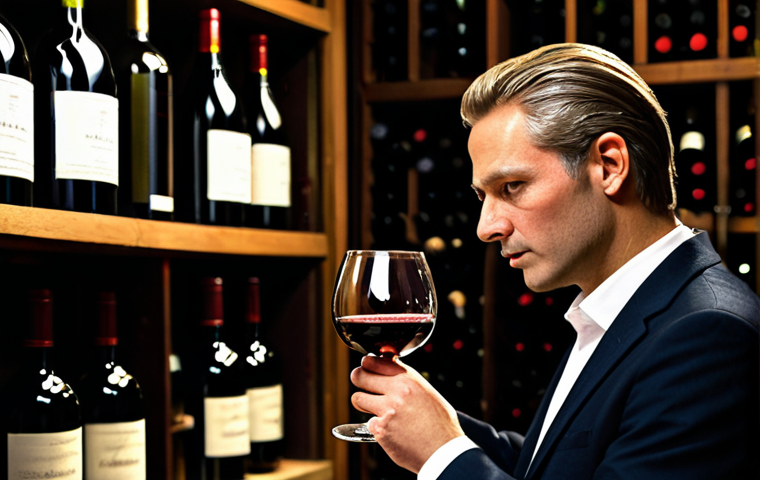 **
"A sommelier, fully clothed in appropriate attire, professionally examining a glass of red wine in a dimly lit wine cellar, surrounded by stacked wine bottles. Focus on the sommelier's attentive expression and the wine's color. Safe for work, appropriate content, perfect anatomy, natural proportions, professional photography, high quality."
**