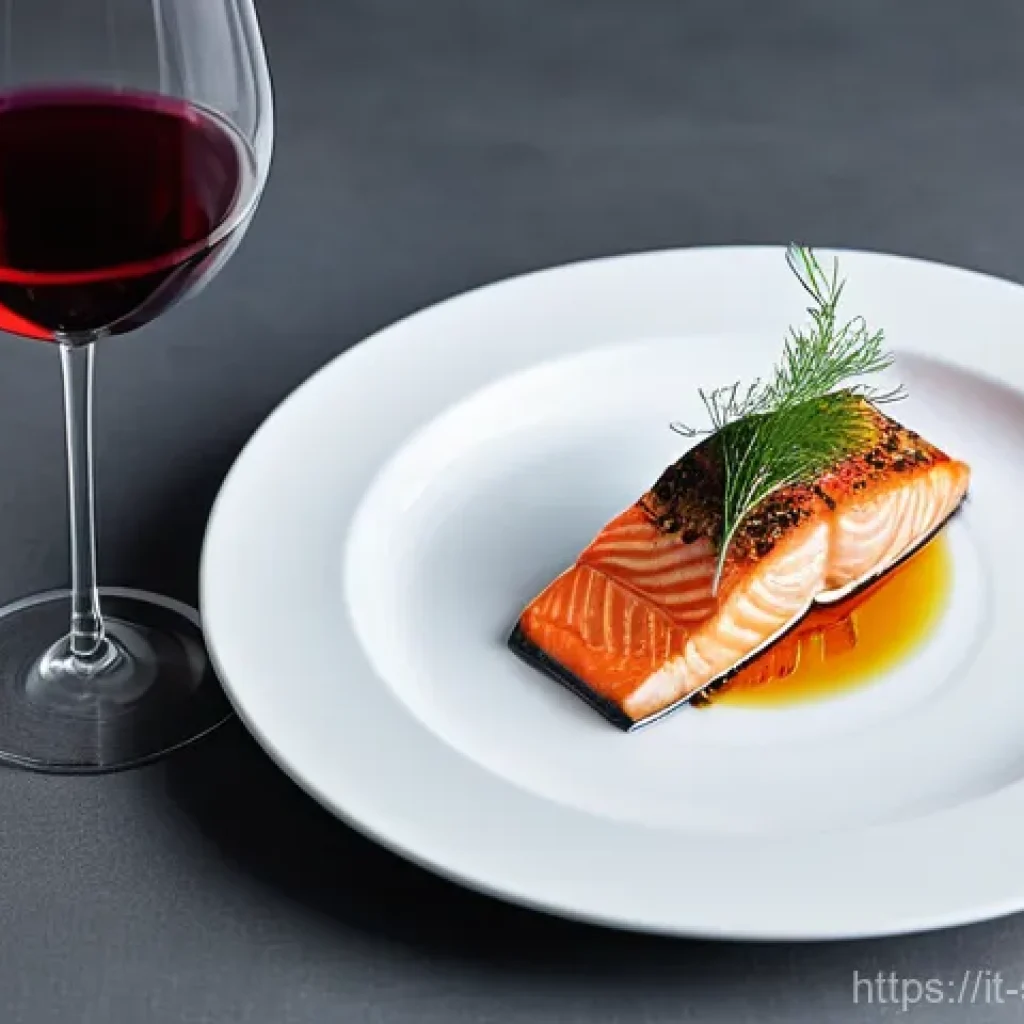 와인 페어링 메뉴 구성 팁 - **Prompt: "A beautifully plated, pan-seared salmon fillet with crispy skin, garnished with fresh dil...