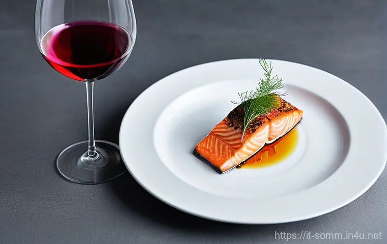 와인 페어링 메뉴 구성 팁 - **Prompt: "A beautifully plated, pan-seared salmon fillet with crispy skin, garnished with fresh dil...