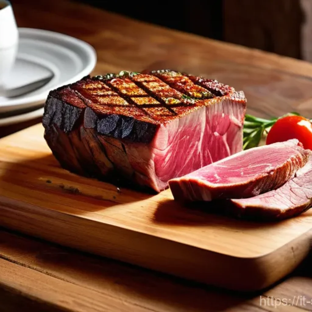 소믈리에 초보자를 위한 조언 - A perfectly cooked Bistecca alla Fiorentina, sliced and artfully arranged on a rustic wooden cutting...