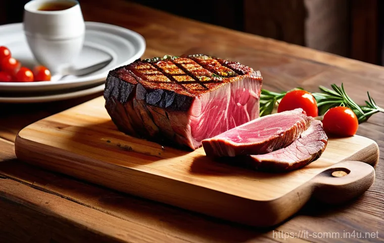 소믈리에 초보자를 위한 조언 - A perfectly cooked Bistecca alla Fiorentina, sliced and artfully arranged on a rustic wooden cutting...