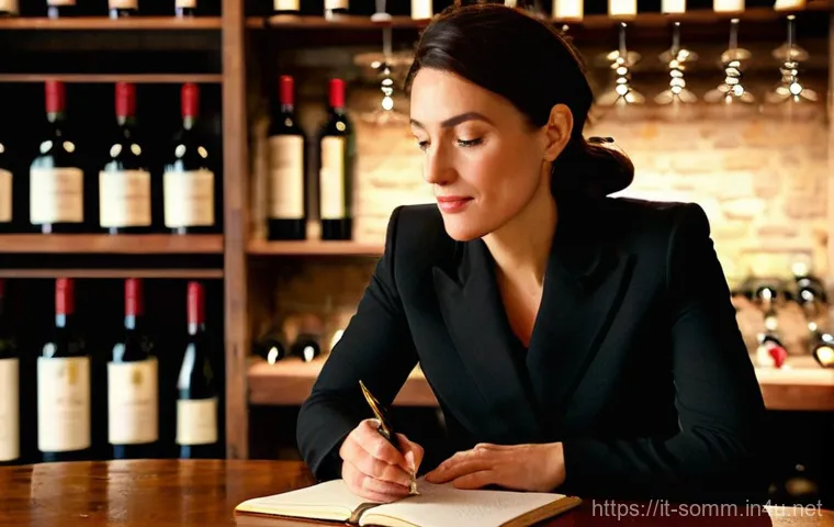 소믈리에 업무 일지 작성법 - **Prompt 1: The Dedicated Sommelier's Journal Entry**
    A focused Italian sommelier, a woman in he...