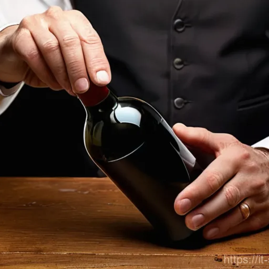 소믈리에 필수 실무 도구 - **Prompt:** A close-up, high-definition photograph focusing on the hands of a professional sommelier...