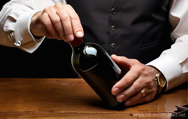 소믈리에 필수 실무 도구 - **Prompt:** A close-up, high-definition photograph focusing on the hands of a professional sommelier...