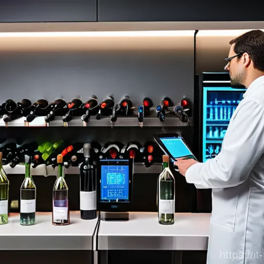 소믈리에가 주목하는 와인 기술 - **Prompt:** A highly detailed, modern wine laboratory or cellar setting. In the foreground, a profes...