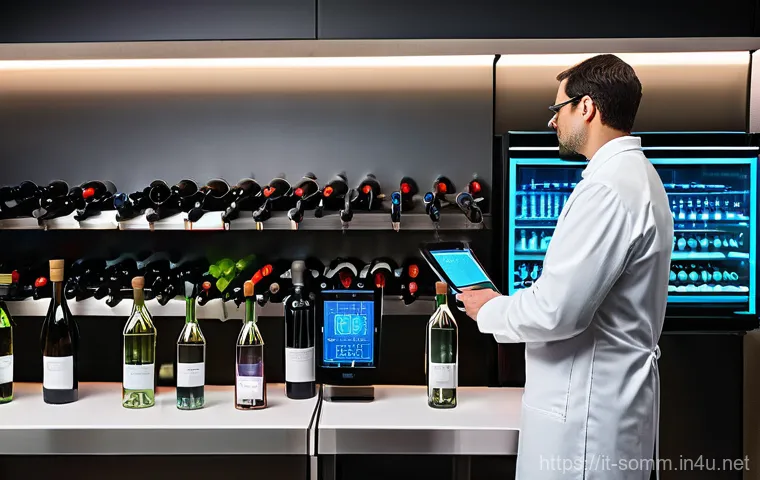 소믈리에가 주목하는 와인 기술 - **Prompt:** A highly detailed, modern wine laboratory or cellar setting. In the foreground, a profes...
