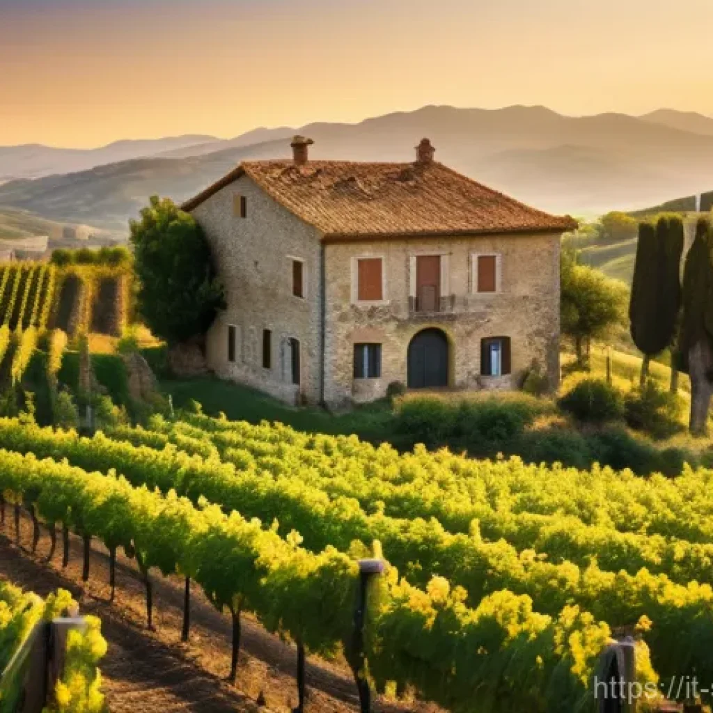 와인 문화와 역사 탐구 - A picturesque Italian vineyard at dawn, bathed in soft, golden light. A diverse group of cheerful in...