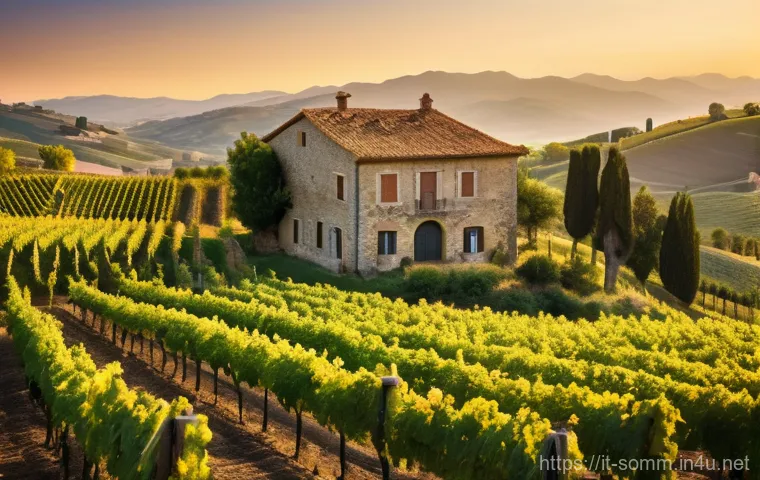 와인 문화와 역사 탐구 - A picturesque Italian vineyard at dawn, bathed in soft, golden light. A diverse group of cheerful in...