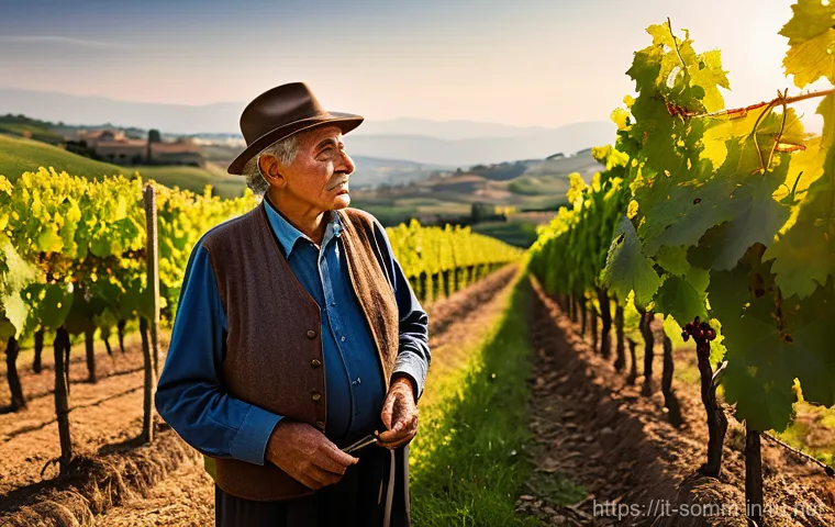 와인 문화와 역사 탐구 - A picturesque Italian vineyard at dawn, bathed in soft, golden light. A diverse group of cheerful in...