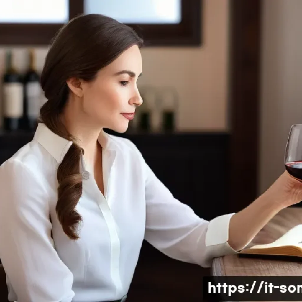 소믈리에 실습용 와인 선택 팁 - **Prompt:** A serene, well-lit scene featuring a female sommelier, aged 30-40, with a sophisticated ...