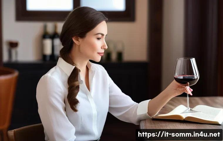 소믈리에 실습용 와인 선택 팁 - **Prompt:** A serene, well-lit scene featuring a female sommelier, aged 30-40, with a sophisticated ...