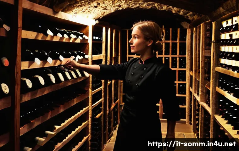 와인 매장 아르바이트 경험기 - **Prompt:** A warmly lit, ancient-looking underground wine cellar, a "secret caveau" with stone wall...