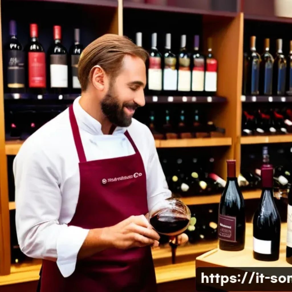 소믈리에 자격증 해외 인정 여부 - A professional Italian sommelier in a refined European wine shop, wearing a smart uniform with a tas...