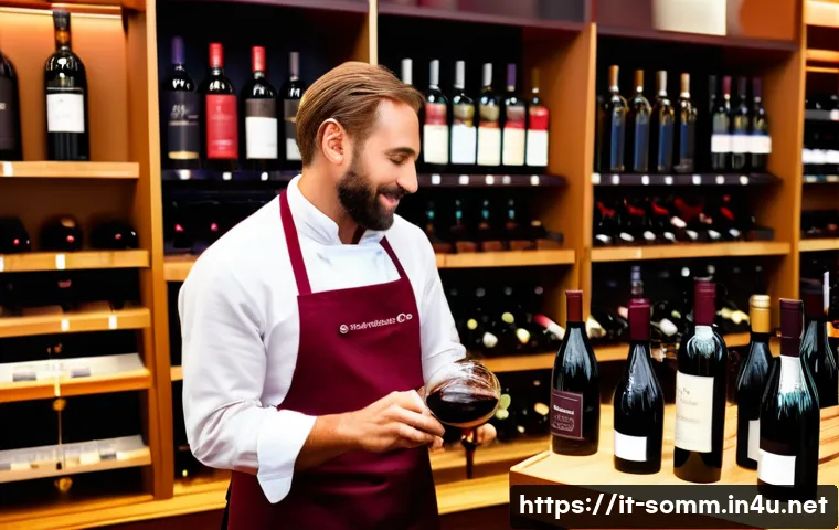 소믈리에 자격증 해외 인정 여부 - A professional Italian sommelier in a refined European wine shop, wearing a smart uniform with a tas...