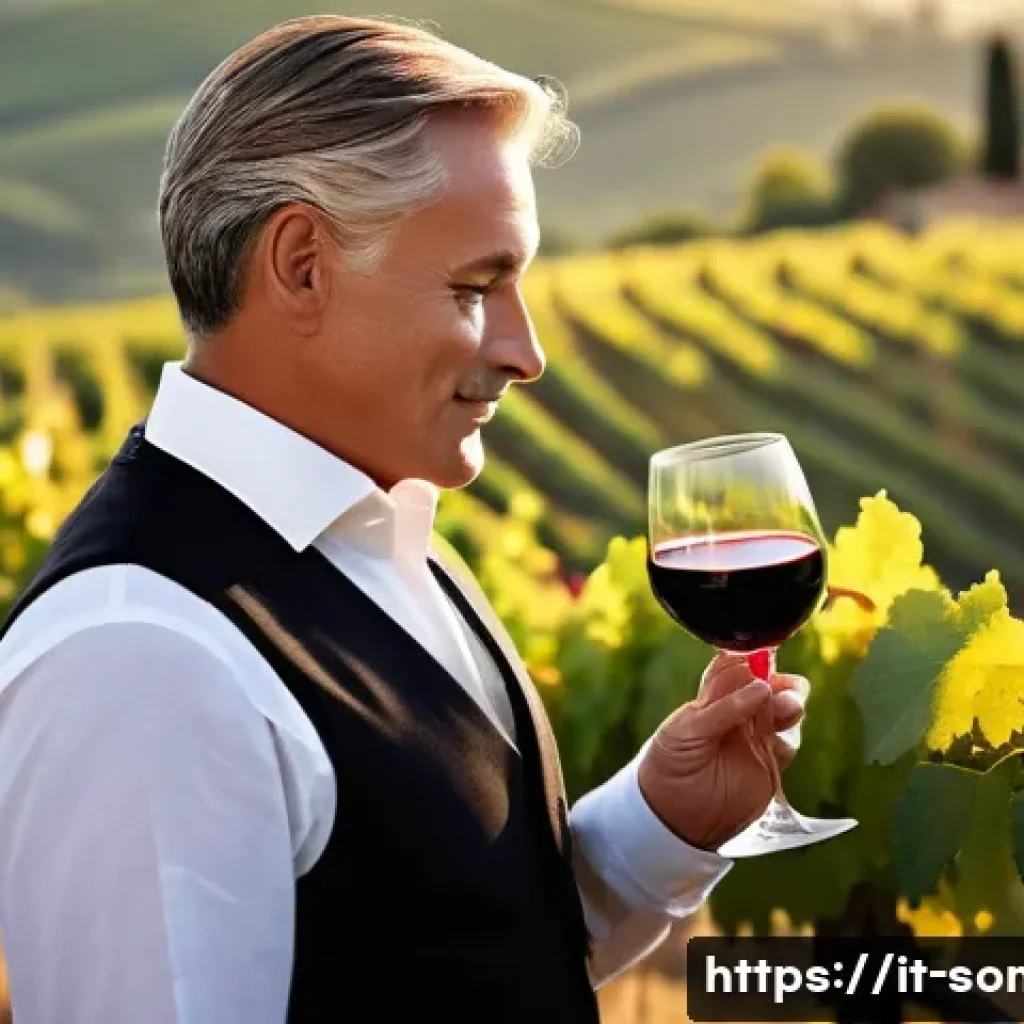 와인 소믈리에와 사케 소믈리에 비교 - A refined Italian wine sommelier elegantly dressed in classic black vest and white shirt, standing i...