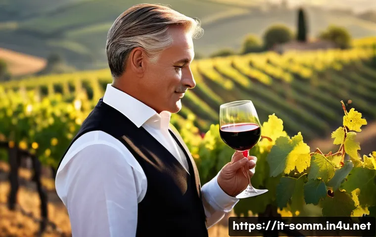 와인 소믈리에와 사케 소믈리에 비교 - A refined Italian wine sommelier elegantly dressed in classic black vest and white shirt, standing i...