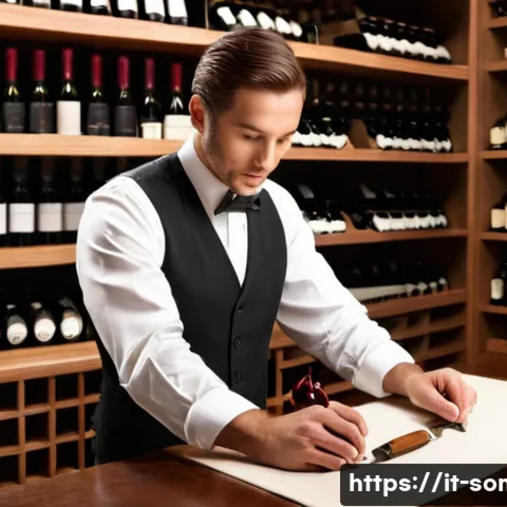 소믈리에 실기시험 주의사항 - A professional sommelier in an elegant Italian wine cellar setting, dressed in formal attire with a ...