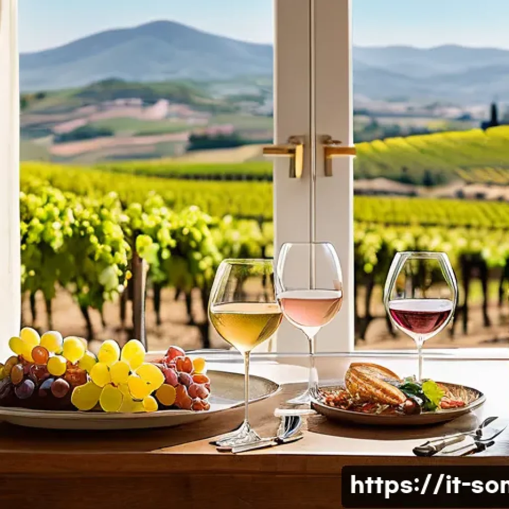 와인 테이스팅 그룹 활동 사례 - A cozy, sunlit Italian tasting room set in a rustic vineyard estate during springtime, featuring a w...