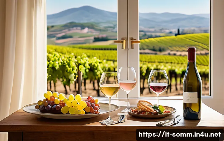와인 테이스팅 그룹 활동 사례 - A cozy, sunlit Italian tasting room set in a rustic vineyard estate during springtime, featuring a w...