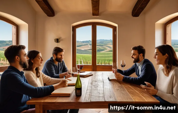 소믈리에 시험을 위한 스터디 모임 - A cozy, well-lit study room in an Italian home with a small group of young adult friends gathered ar...