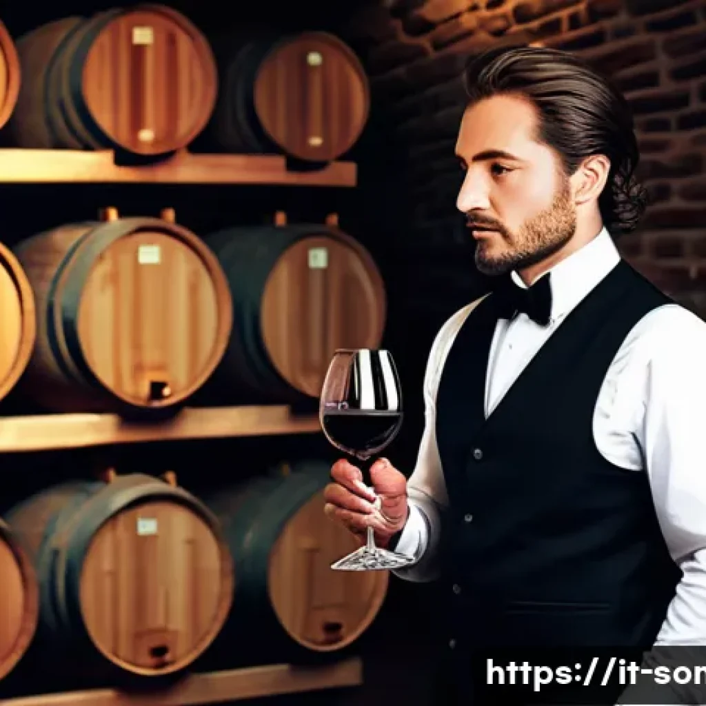 소믈리에로서의 경력 전환 성공 사례 - A professional Italian sommelier in a refined wine cellar, wearing elegant attire with a crisp white...