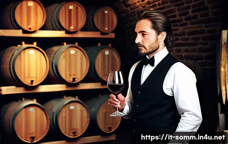 소믈리에로서의 경력 전환 성공 사례 - A professional Italian sommelier in a refined wine cellar, wearing elegant attire with a crisp white...