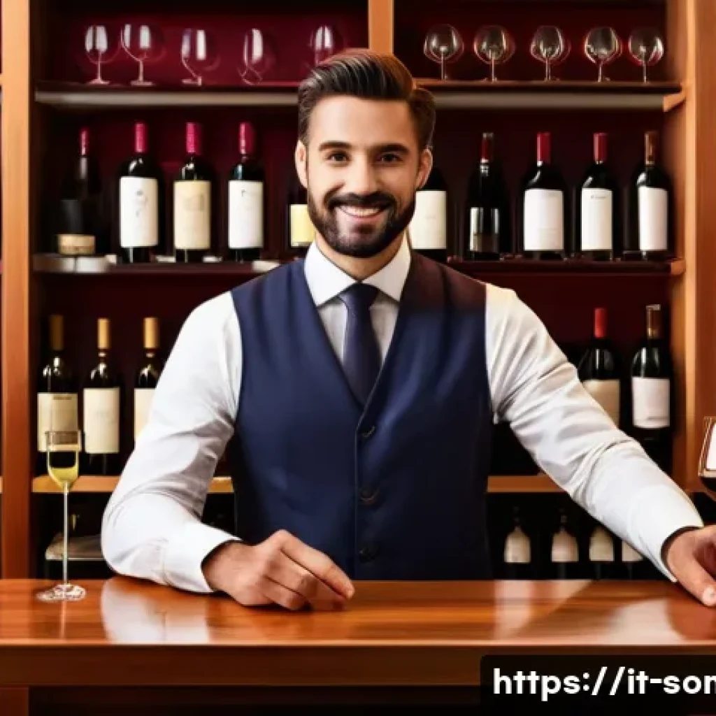 와인 바에서 소믈리에로 일하는 방법 - A sophisticated Italian wine bar interior scene showcasing a professional sommelier in smart casual ...