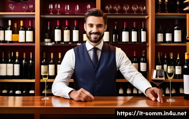와인 바에서 소믈리에로 일하는 방법 - A sophisticated Italian wine bar interior scene showcasing a professional sommelier in smart casual ...