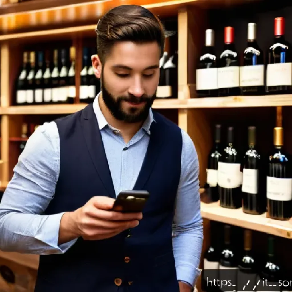 소믈리에가 추천하는 와인 앱 - A modern wine enthusiast using a smartphone app with label recognition in a cozy Italian wine shop, ...