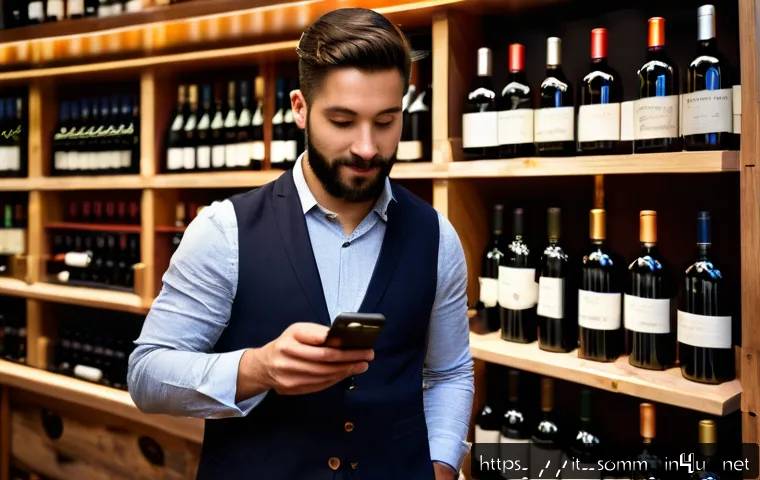 소믈리에가 추천하는 와인 앱 - A modern wine enthusiast using a smartphone app with label recognition in a cozy Italian wine shop, ...