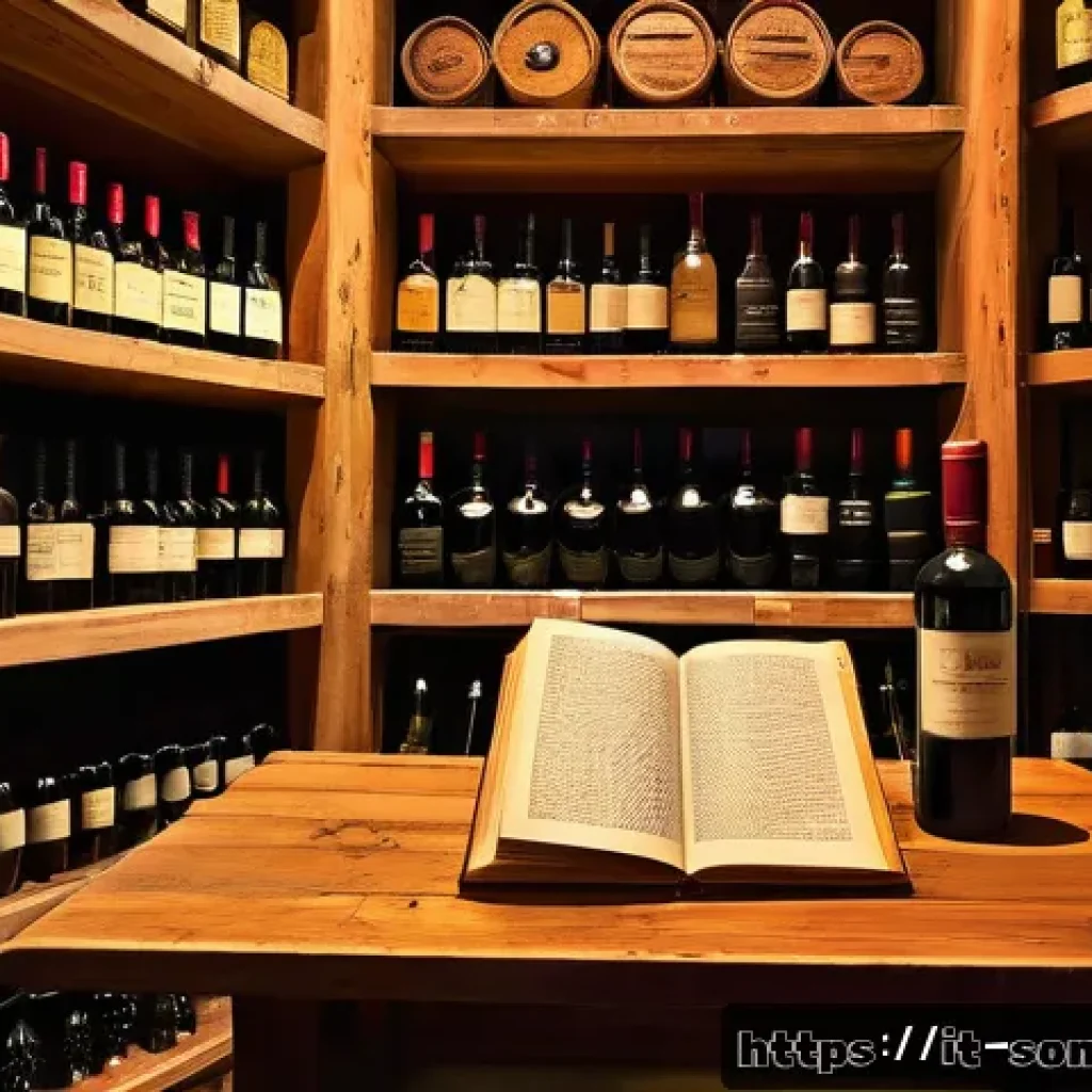 소믈리에가 추천하는 와인 서적 - A cozy Italian wine library scene with wooden shelves filled with colorful wine books featuring deta...
