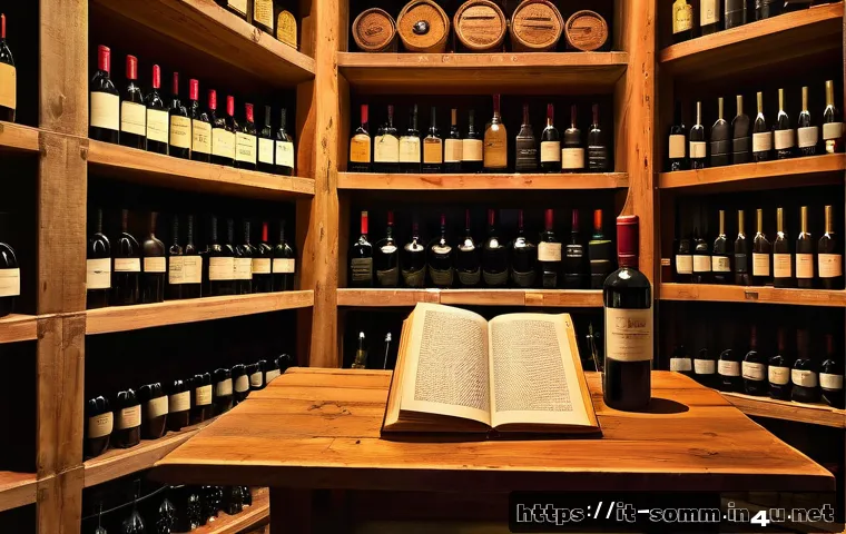소믈리에가 추천하는 와인 서적 - A cozy Italian wine library scene with wooden shelves filled with colorful wine books featuring deta...