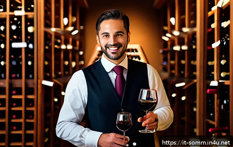 소믈리에 취업 인터뷰 질문 모음 - A professional sommelier in an elegant Italian restaurant setting, dressed in formal attire includin...