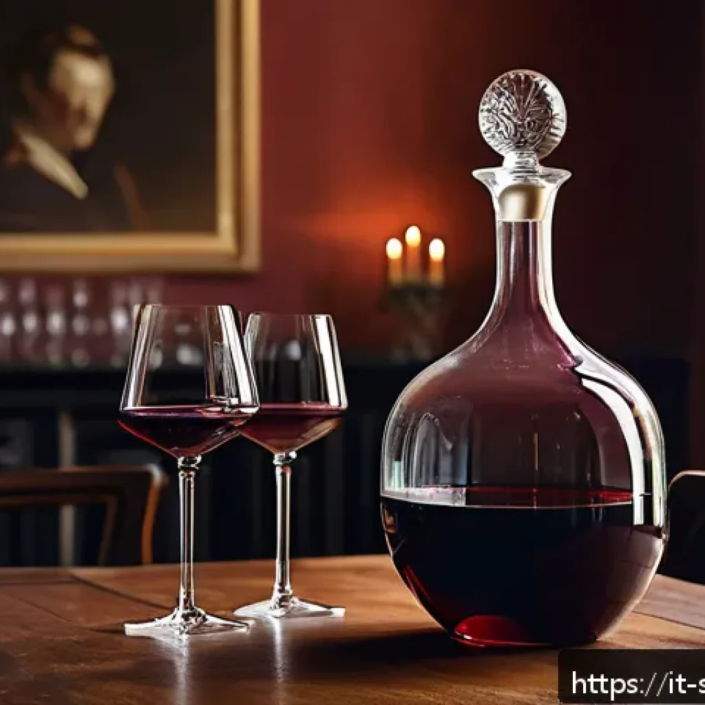 와인 디캔터 종류와 사용법 - A luxurious crystal decanter with a long slender neck and medium-sized base, placed elegantly on a p...