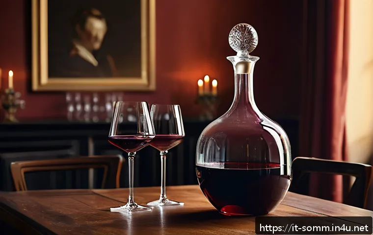 와인 디캔터 종류와 사용법 - A luxurious crystal decanter with a long slender neck and medium-sized base, placed elegantly on a p...