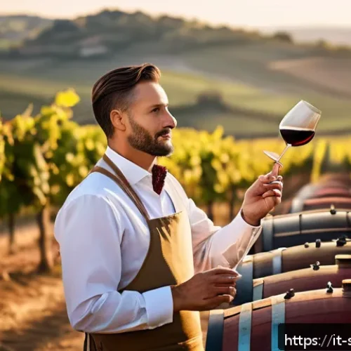 Home 31 소믈리에 이직 준비 체크리스트 - A sophisticated Italian sommelier conducting a wine tasting event in a rustic Tuscan vineyard during...