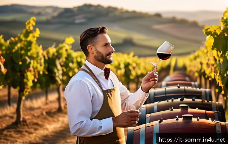 소믈리에 이직 준비 체크리스트 - A sophisticated Italian sommelier conducting a wine tasting event in a rustic Tuscan vineyard during...