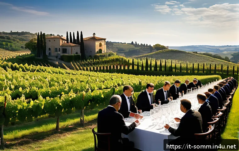 와인 품평회 참여 경험담 - A sophisticated wine tasting competition scene set in an elegant Italian vineyard estate during gold...
