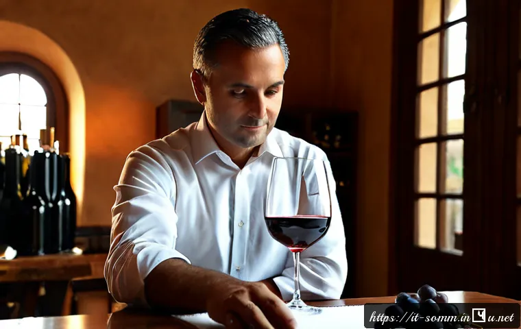 와인 감별 실무 사례 - Photorealistic Italian wine appraisal session in a refined Tuscan tasting room, experienced sommelie...
